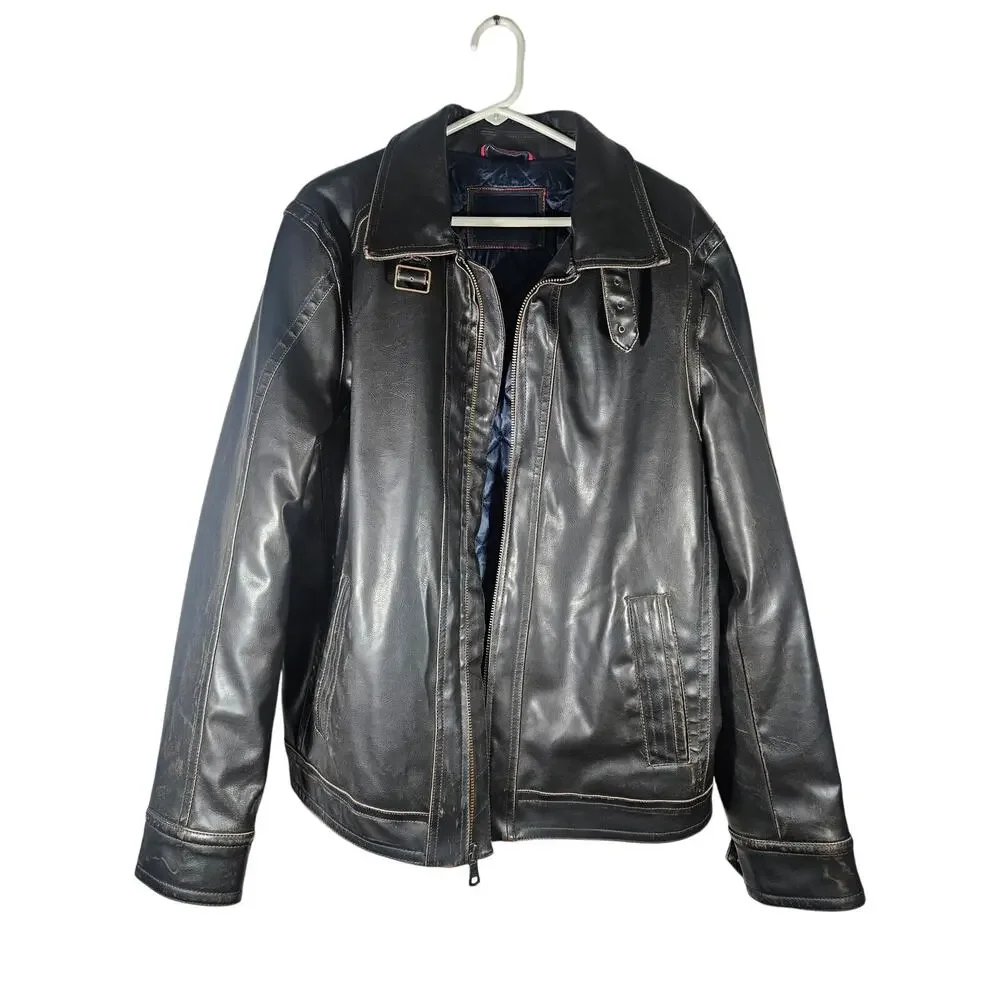 Tommy Hilfiger‎ Men's Faux Leather Moto Jacket Brownish Black Size Large